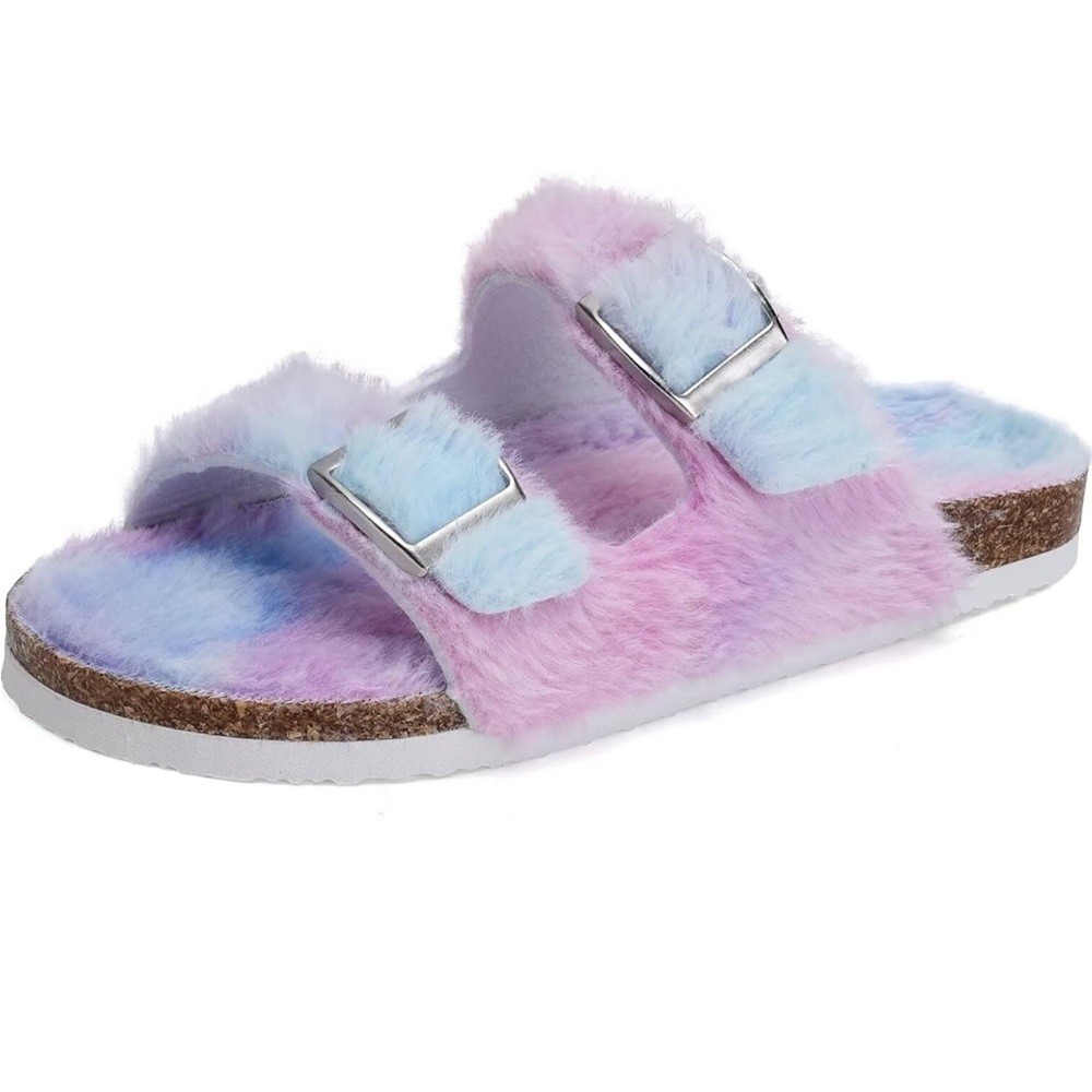NEW! Fluffy Non-slip Cork Slippers Shoes Adjustable Open Toe Blue Purple Size 4